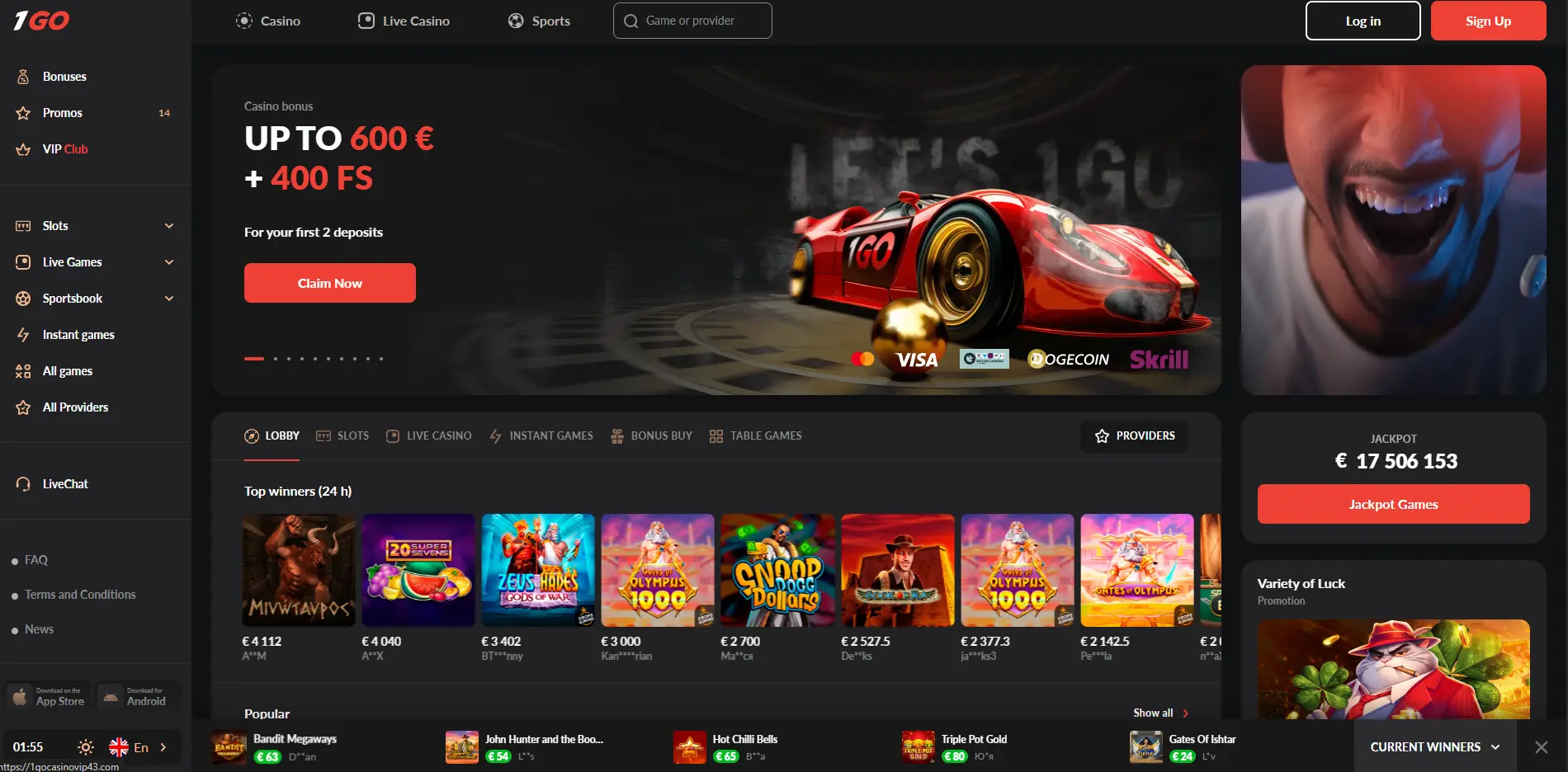Captura de tela do site do 1GO Casino mostrando o layout moderno e interface em português para jogadores do Brasil